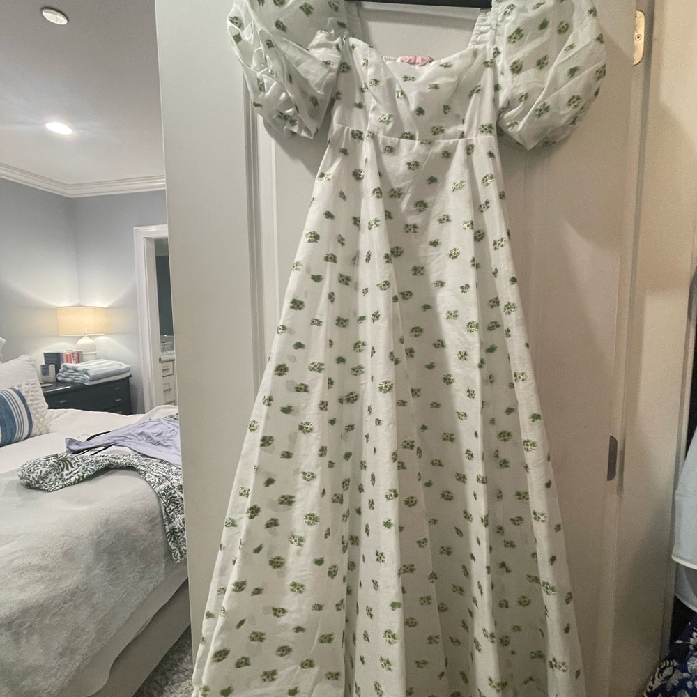 Hill House White Dress with Green Floral Pattern
